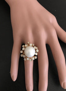 Splendid Natural 15mm South Sea Pearl and Diamond 14K Solid Yellow Gold Ring