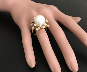 Splendid Natural 15mm South Sea Pearl and Diamond 14K Solid Yellow Gold Ring