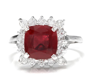 4.40 Carats Impressive Red Ruby and Natural Diamond 14K White Gold Ring