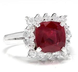 4.40 Carats Impressive Red Ruby and Natural Diamond 14K White Gold Ring