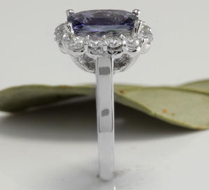 5.65 Carats Natural Very Nice Looking Tanzanite and Diamond 14K Solid White Gold Ring