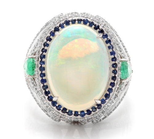 8.00 Carats Natural Impressive Opal, Sapphire, Emerald and Diamond 14K Solid White Gold Ring