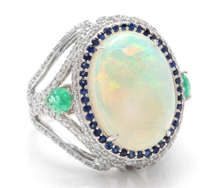 8.00 Carats Natural Impressive Opal, Sapphire, Emerald and Diamond 14K Solid White Gold Ring
