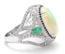 Load image into Gallery viewer, 8.00 Carats Natural Impressive Opal, Sapphire, Emerald and Diamond 14K Solid White Gold Ring