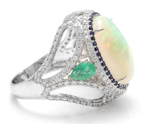 8.00 Carats Natural Impressive Opal, Sapphire, Emerald and Diamond 14K Solid White Gold Ring