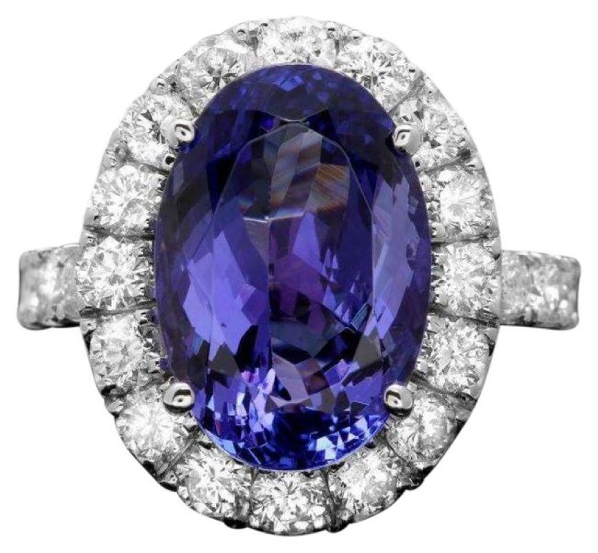 9.80 Carats Natural Tanzanite and Diamond 14k Solid White Gold Ring