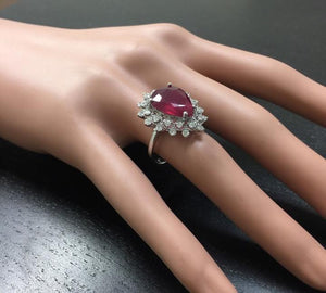 7.90 Carats Impressive Natural Red Ruby and Diamond 14K White Gold Ring