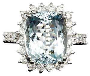 6.30 Carats Natural Aquamarine and Diamond 14K White Gold Ring