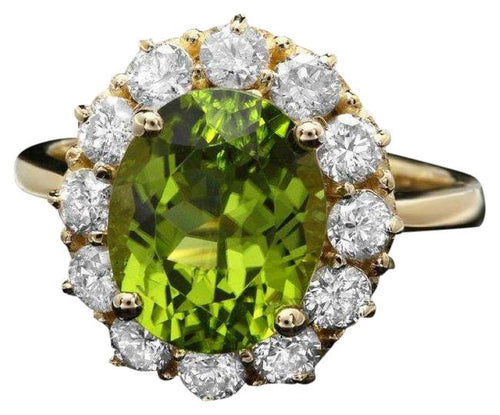 5.35 Carats Natural Peridot and Diamond 14k Solid Yellow Gold Ring