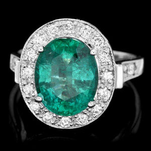 4.00 Carats Natural Emerald & Diamond 14k Solid White Gold Ring