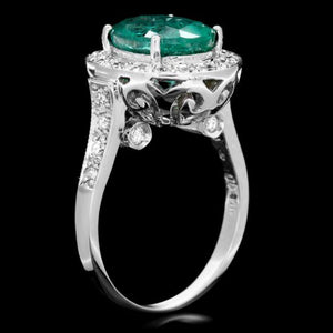 4.00 Carats Natural Emerald & Diamond 14k Solid White Gold Ring