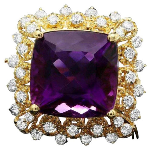 10.00 Carats Natural Amethyst and Diamond 14K Solid Yellow Gold Ring