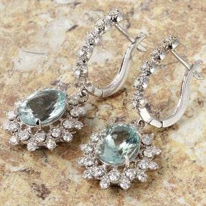 Exquisite 9.60 Carats Natural Aquamarine and Diamond 14K Solid White Gold Earrings
