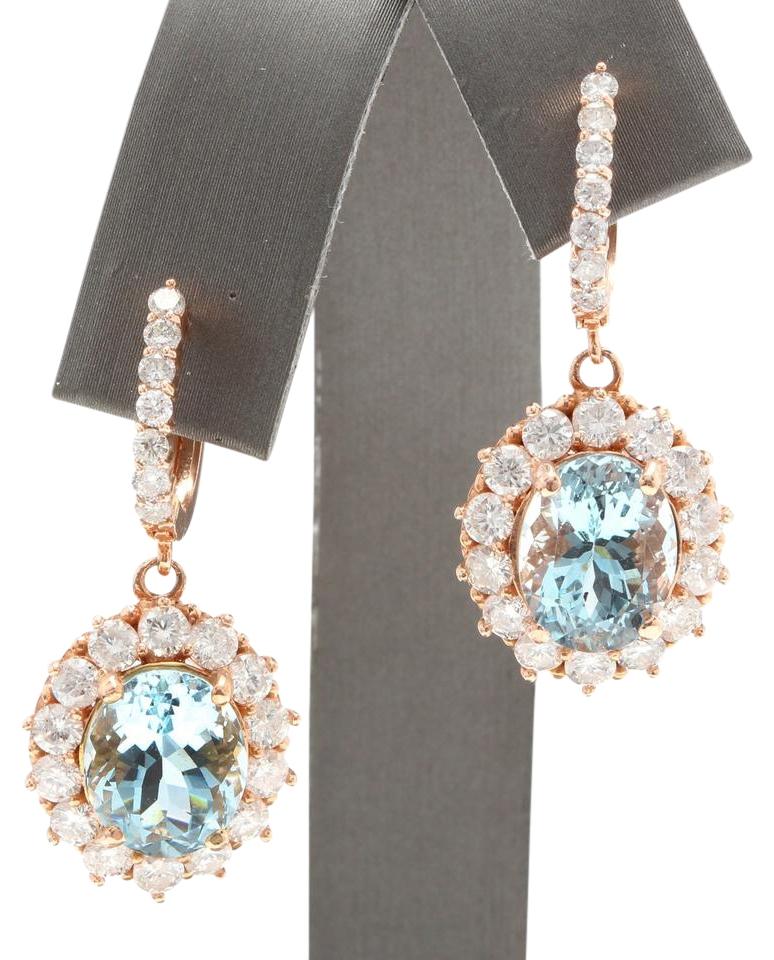 Exquisite 11.00 Carats Natural Aquamarine and Diamond 14K Solid Rose Gold Earrings