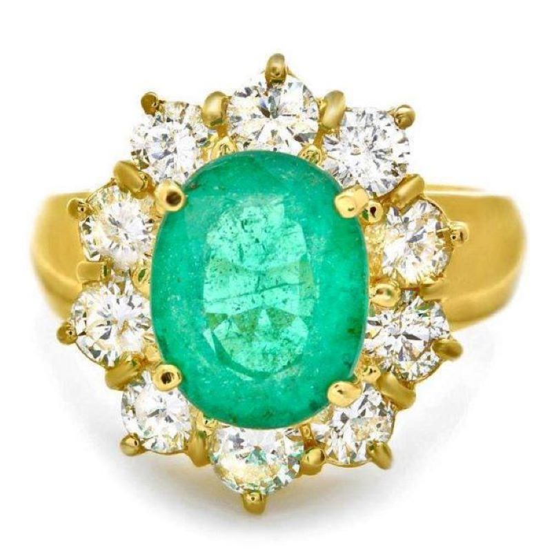 5.60 Carats Natural Emerald & Diamond 14k Solid Yellow Gold Ring