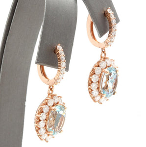 Exquisite 11.00 Carats Natural Aquamarine and Diamond 14K Solid Rose Gold Earrings