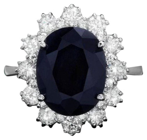 7.10 Carats Natural Sapphire and Diamond 14k Solid White Gold Ring