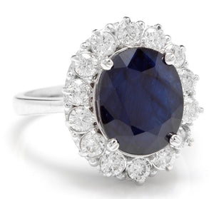 8.65 Carats Exquisite Natural Blue Sapphire and Diamond 14K Solid White Gold Ring