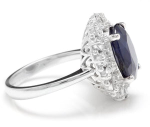 8.65 Carats Exquisite Natural Blue Sapphire and Diamond 14K Solid White Gold Ring