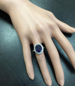 8.65 Carats Exquisite Natural Blue Sapphire and Diamond 14K Solid White Gold Ring