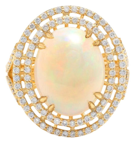 6.30 Carats Natural Impressive Ethiopian Opal and Diamond 14K Solid Yellow Gold Ring