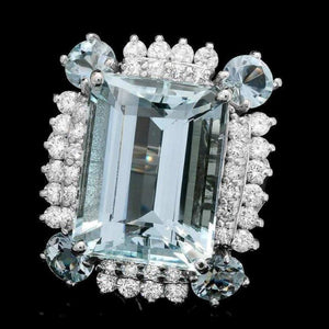 17.00 Carats Natural Aquamarine and Diamond 14K Solid White Gold Ring