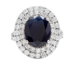 7.40ct Natural Blue Sapphire & Diamond 14k Solid White Gold Ring