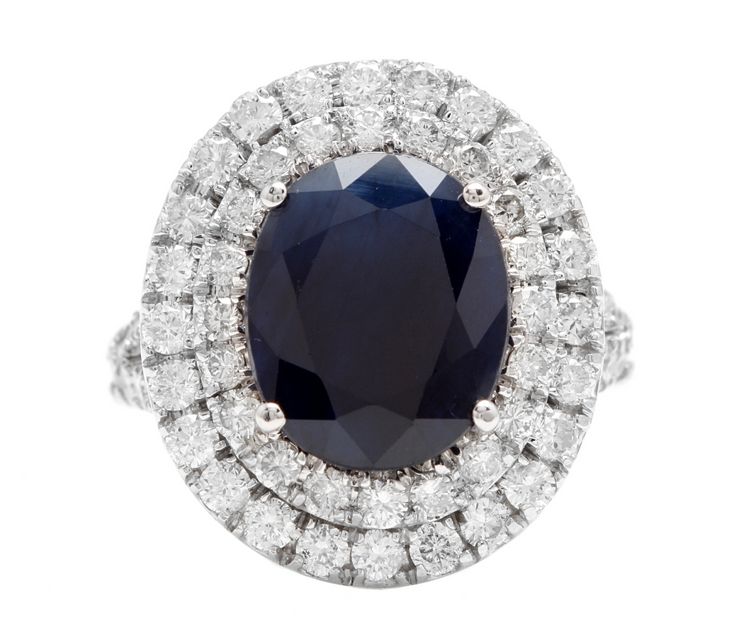 7.40ct Natural Blue Sapphire & Diamond 14k Solid White Gold Ring